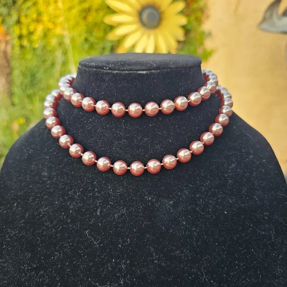 Vintage Mid Century Rose Gold Glass Faux Pearl Necklace